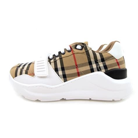 Check and Leather Sneakers in Archive beige